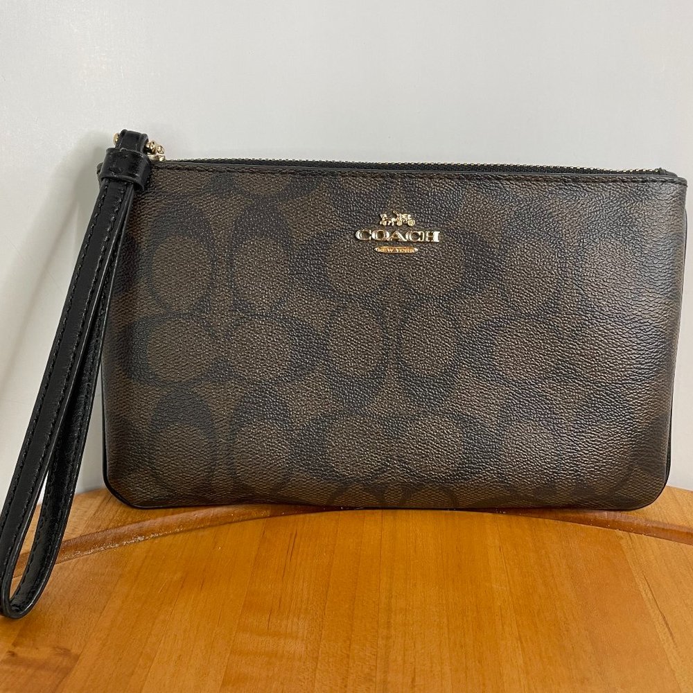 COACH Large Signature Logo PVC Brown Black Wristlet Wallet F58695 Exc Cond